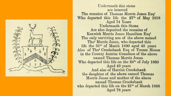Transcript of a gravestone inscription along with a drawing of a coat of arms that was carved on the gravestone.