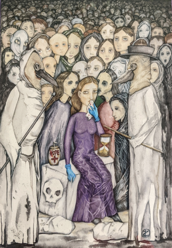 A woman sits on a bench with a skull on it surrounded in a sea of people and wraiths. Plague doctors halt her path. Two blackened, sickly people breathe on her and whisper in her ear. A bottle labeled hope has the "H" turned into an "N". Bodies wrapped in shrouds lie at her feet and an hourglass sits beside her.