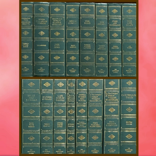 A composite photo of a set of 16 hardcover books arranged in two even rows, one above the other. Each book is bound in dark green faux leather with uniform gold-foil stamped titles and geometric decoration on their spines. Not in order, the books are as follows:

1. Dante Aligheri's Divine Comedy.
2. Edward Bulwer-Lytton's "Last Days of Pompeii."
3. Fyodor Dostoevsky's "Crime and Punishment."
4. Geoffrey Chaucer's "The Canterbury Tales."
5. Homer's "The Iliad" translated by Richmond Lattimore.
6. Homer's "The Odyssey" translated by Robert Fitzgerald.
7. Leo Tolstoy's "War and Peace."
8. Ralph Waldo Emerson's Essays and Journals.
9. Selected Poems of Byron, Keats, & Shelley.
10. Selections from "The Arabian Nights" translated by Richard Burton.
11. T.E. Lawrence's "Seven Pillars of Wisdom."
12. The Autobiography of Benjamin Franklin.
13 & 14. "The Complete Works of William Shakespeare" in two volumes edited by W.C. Clark & Waldus Wright.
15. Thomas Bulfinch's "Mythology."
16. "Travels of Marco Polo, the Venetian" translated by William Marsden, edited by Thomas Wright.