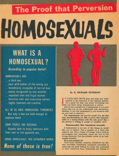 Antiquated and extremely homophobic pamphlet declaring that we all have perverted homosexual tendencies, but they can be cured.