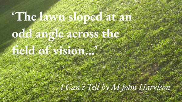 Sunlight falls on a grassy slope, with a quote from M John Harrison's short story I Can't Tell: 'The lawn sloped at an odd angle across the field of vision…'