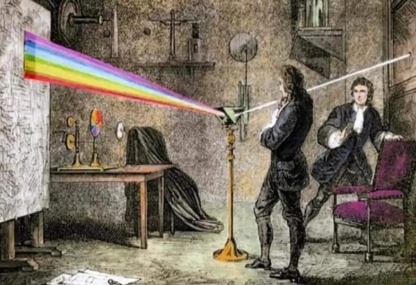 Newton using a prism to display the spectrum of colour