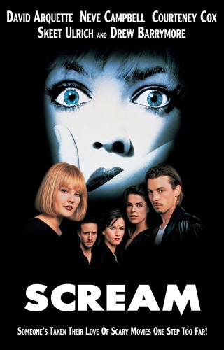 The poster for Scream. The cast of characters stands in front of a backdrop of a gasping woman in monochrome