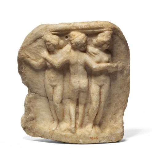 Marble relief of the three Kharites (Graces) in the nude, embracing each other.