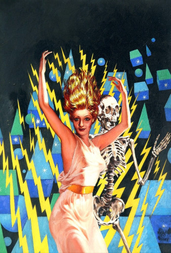 A woman descends with arms raised in a white dress and yellow sash with blonde hair flowing above her. Behind her electricity crackles amongst square and circular objects as a skeleton screams.