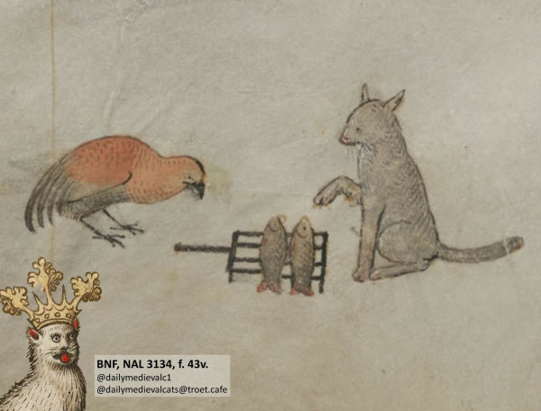 Picture from a medieval manuscript: A cat and a bird grilling some fish