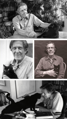 Five photos of Cage with his cat 