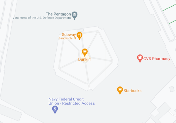 At the center of the Pentagon in Washington D.C. lies the world's most secure Dunkin Donuts, according to Google Maps.