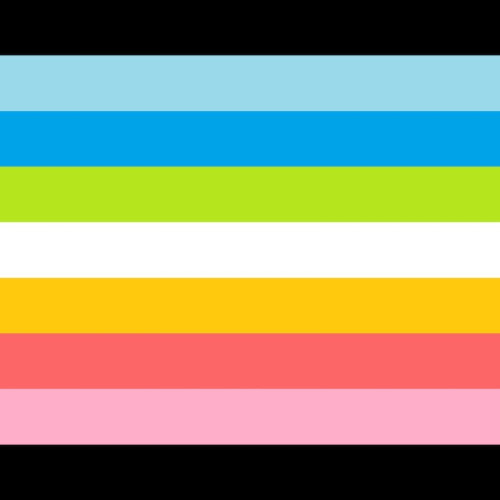 Queer Pride flag with horizontal bars in this order from top to bottom: black, light blue, blue, green, white, yellow, pinkish red, pink and black