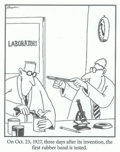 A room with a door at the back wall, the door is labelled “Laboratory”.  On the right-side wall an analogue clock displays 11:30.

Two male-presenting scientists laboratory with glasses are at a laboratory bench in the foreground. The one on the left has two beakers in front of him (pronoun inferred by me based on the era of Far Side cartoons) and he pours liquid from a test tube in his right hand into a beaker that he holds in his left hand. 

A pencil, microscope, and unidentified disk rest on the bench in front of the scientist on the right, who  faces the one on the left (who seems oblivious to the one on the right.). The scientist on the right stretches  a rubber band between his two hands, the rubber band is wrapped around the extended index feature of his right hand. The other end held by his left hand, which pulls back on the rubber band to extend it and apply a tension force. 

The caption below the image is:
“On Oct. 23, 1927, three days after its invention, the first rubber band is tested.”