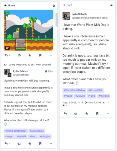 Screenshot of Mastodon, a post is shown with all its hashtags underneath in blue boxes