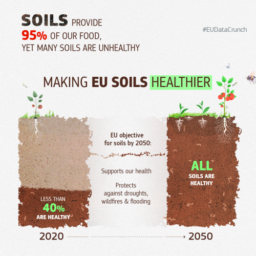 Illustrative #EUDataCrunch graph with title 'Making EU Soils Healthier'. It compares the current state of EU soils at 40% healthy to the 2050 projection of all soils being healthy.  It states that healthy soils support our health and protect against droughts, wildfires and flooding. 'Soils provide 95% of our food, yet many soils are unhealthy' appears in the top left corner. 
