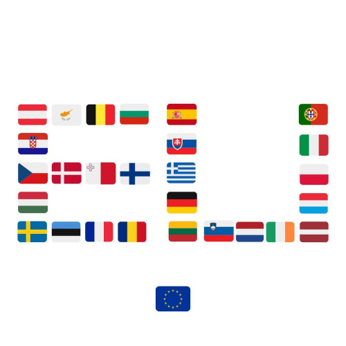 Silhouette of the letters E and U, created using the emojis of the 27 flags of EU countries.  

The E is made as follows:  

(Tracking the E shape, from left to right, top to bottom.) 

- Austria, Cyprus, Belgium, Bulgaria 
- Croatia 
- Czechia, Denmark, Malta, Finland 
- Hungary 
- Sweden, Estonia, France, Romania 

The U is made as follows:  

(From left to right, tracking the U shape). 

Vertically (top to bottom): 
- Spain                                 
- Slovakia                              
- Greece                                
- Germany                               
- Lithuania  

Horizontally (left to right): 
- Lithuania, Slovenia, Netherlands, Ireland, Latvia 

Vertically (bottom to top): 
- Latvia 
- Luxembourg 
- Poland 
- Italy 
- Portugal 

At the centre bottom of the visual is the emoji of the EU flag. 