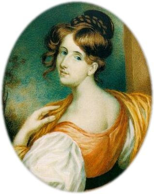A miniature portrait of Elizabeth Gaskell. She looks at the viewer over her left shoulder, turning back. Her hair is braided and up off her neck and she wears a brightly colored orange and white gown that is very flowy.