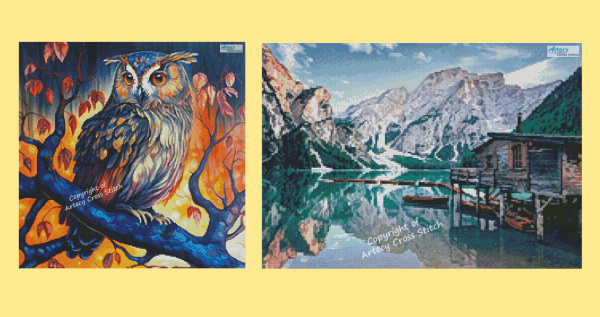 Two mockup images of full-coverage cross stitch patterns. The first is an owl sitting on a branch among Autumn leaves. The second is a mountain lake scene.