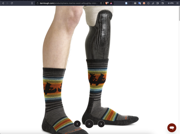 A pair of legs from just above the knee shown wearing Darn Tough brand socks with stripes and silhouettes of animals paddling a canoe. One leg is a carbon fiber prosthetic.