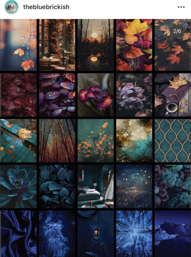 The blue brick advent mood board which goes from pale oranges in upper left through teal/gold in the middle down to purples in the lower right