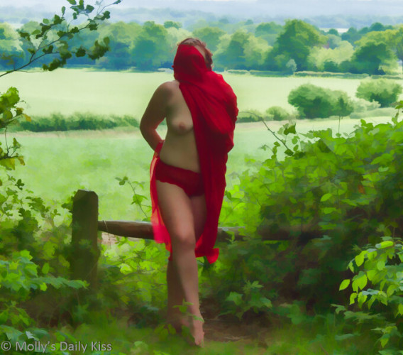 Photo edited to look like a painting. Molly in red knickers and a red throw cover one of her breasts. She is surrounded by bushes and behind her are fields and trees away in the distance  