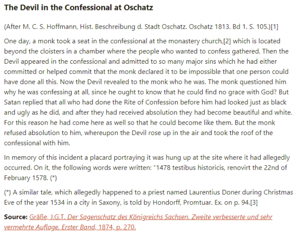 German folk tale "The Devil in the Confessional at Oschatz". Drop me a line if you want a machine-readable transcript!