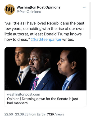 Screenshot of a tweet announcing a new opinion column in the Washington Post: ‘As little as I have loved Republicans the past few years, coinciding with the rise of our own little autocrat, at least Donald Trump knows how to dress,’ @kathleenparker writes.”