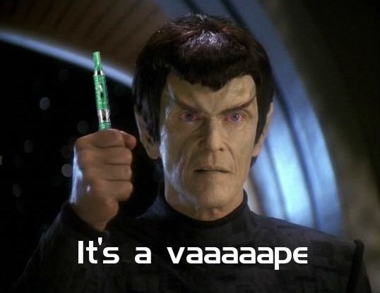 Romulan Senator Vreensk from Star Trek DS9 with bloodshot eyes & holding a vape pen. “It’s a vaaaaape.”