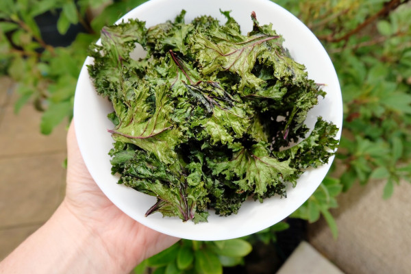 A bowl of green kale crisps