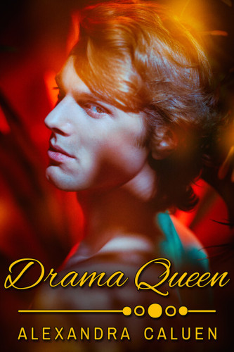 Cover - Drama Queen by Alexandra Caluen - close-up of a young white man with wavy brown hair, staring sideways at the viewer, red light behind him