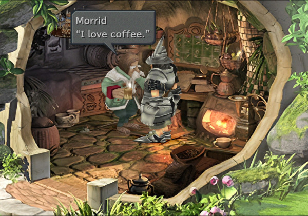 Screenshot from the HD port of Final Fantasy 9, showing the character of Steiner speaking with an old man in a tiny, cosy home, with a little fireplace stove, with scattered tea cups, tea pots, and other items around, surrounded by flowers and plants on the outside, and a little dialogue box with the words:

Morrid: "I love coffee."