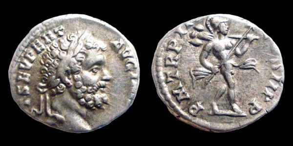 Each side of a silver coin against a black background. To left, the obverse, with bust of Septimus facing right, and to right, the reverse, showing Mars, naked except for cloak floating out from waist, walking right and holding spear and trophy