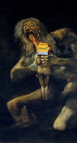 Saturno devorando a su hijo, de Goya, pero el hijo de Saturno tiene una mochila de Glovo photoshopeada en la espalda.