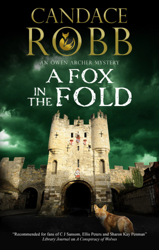 Cover of Owen Archer 14, A Fox in the Fold. Micklegate Bar in York against a stormy sky, a sly fox glancing back at the viewer. 