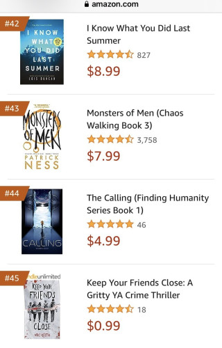 Amazon Bestsellers List showing my book, The Calling at #44.