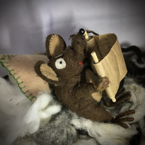 Photo of Minimus the Latin mouse reading a little scroll in his nest of sheep's wool