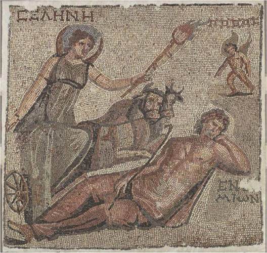 Roman mosaic of Selene in her chariot drawn by two bulls. She takes a step towards the sleeping Endymion, raising a lit torch to better see the handsome shepherd. In the background, winged Eros symbolises the love and attraction Selene feels for the mortal man.