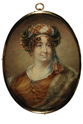 Self-Portrait by Sarah Biffen. She looks to the viewer's right, her hair very curly. She wears a nice brown gown.