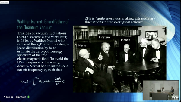 Presentation slide from the seminar I’m attending with a picture of Nernst, Einstein and Planck together with others discussing and talking bout the Quantum Vacuum. 