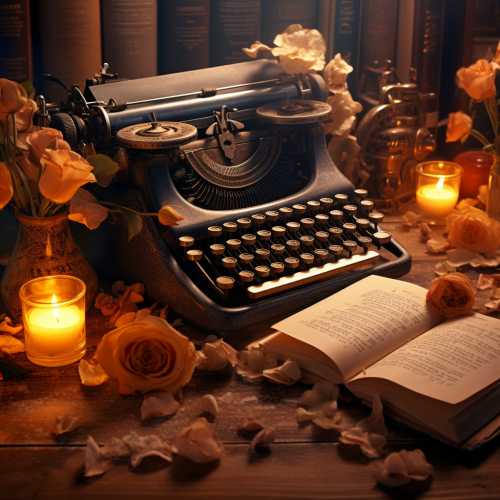 an ai-generated image of an old fashioned typewriter-ish looking things on a table with flowers, scattered flower petals, a book and two lit candles and a 