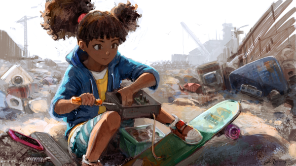 Colorful illustration of a young Black girl with her hair in giant buns wearing an open sweatshirt over a t-shirt, shorts, and red tennis shoes. She is holding an open electrical box and a screwdriver. She’s sitting and resting her feet on a skateboard in a junkyard. She has a look of intention and wonder.