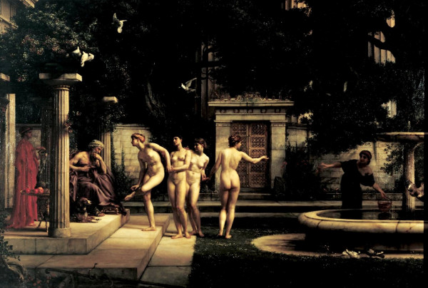 Painting altered slightly to make the details more visible. Asklepius sits to the left looking down at Aphrodite’s foot. The Graces attend Venus with one gazing towards Hygeia standing in the shadows to the right.