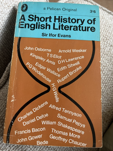 Front cover of the Pelican Original edition of A Short History of English Literature featuring an hour glass shape with the names of great British writers falling through it.