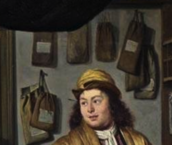 A detail from the painting is shown: document bags full of papers hanging at the wall. 