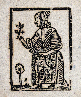A woodcut style image of a healing woman