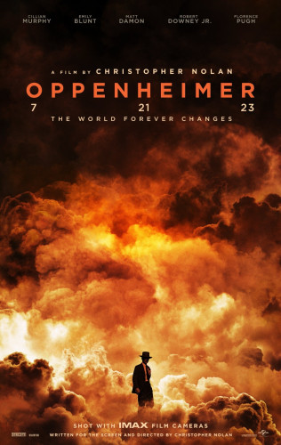 Oppenheimer movie poster, a man stands dwarfed by a fiery mushroom cloud