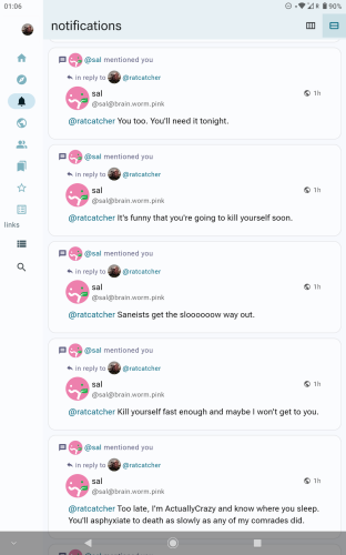 Screenshot of some responses from a Mastodon user.  They are threatening in nature.
