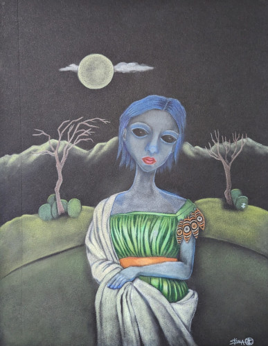 Pastel & colored pencil surreal/stylized drawing of a woman with black eyes and blue skin. She's wearing a green dress with an orange belt and a shawl. Green hills rise behind her with skeletal trees and a full moon in the sky.
