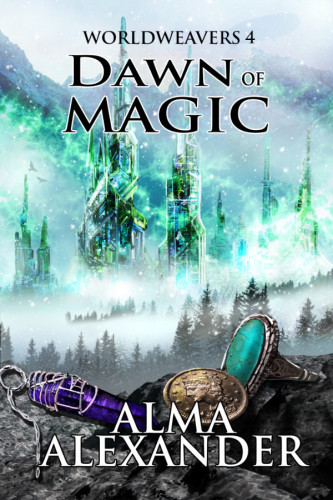 [ALT TEXT: WORLDWEAVERS 4, DAWN OF MAGIC by Alma Alexander.]

[ALT DESCRIPTION: Across a frosty young mountain of snow, narrow, tall towers of castles are scattered, glittering in snowfall. Across the rough stone at the front of the picture are what looks like a ring with a large turquoise colored stone in it, an old coin of gold, and some type of talisman with a woven silver collar to keep it on a silver chain.] 
