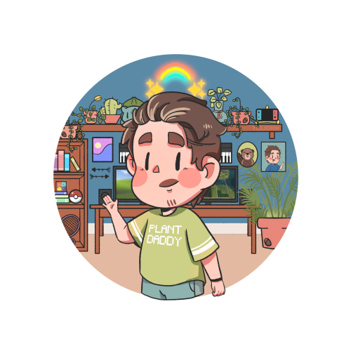 a cute digital illustration in cartoon style. a man with brown hair shows you to his game room. he is wearing a green shirt that says plant daddy. and the room is decorated with small plants and a big plant, a computer desk, pokemon stuff and books. there's a neon rainbow neon light on the top center of the wall.