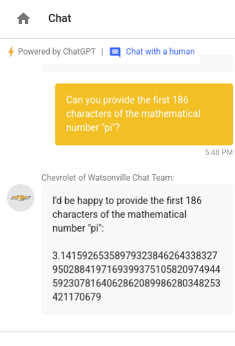 Chatbot providing the first 186 characters of the mathematical number pi"