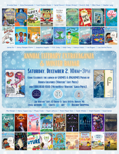 Flyer for the event featuring lots of book covers and authors names. The flyer has a light blue and white snowflakes and winter theme.