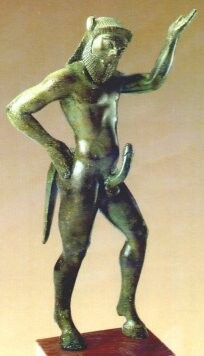 Bronze statuette of a dancing satyr with a huge erection. Note his horse tail, hooves and horse ears. In Greek mythology, goat-legged hybrid creatures were called panes, after the god Pan, not satyrs.
